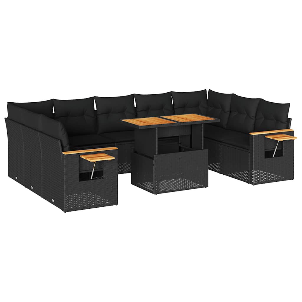 Set Divani Giardino 10pz con Cuscini Nero in Polyrattan Acacia