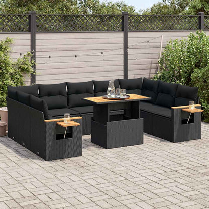 Set Divani Giardino 10pz con Cuscini Nero in Polyrattan Acacia