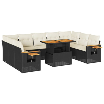 Set Divani Giardino 10pz con Cuscini Nero in Polyrattan Acacia
