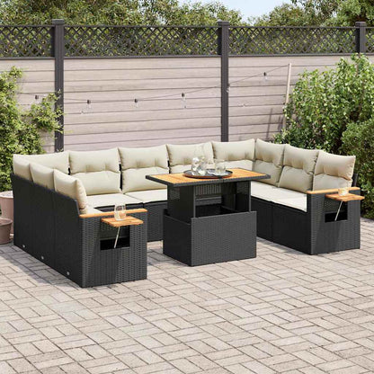 Set Divani Giardino 10pz con Cuscini Nero in Polyrattan Acacia