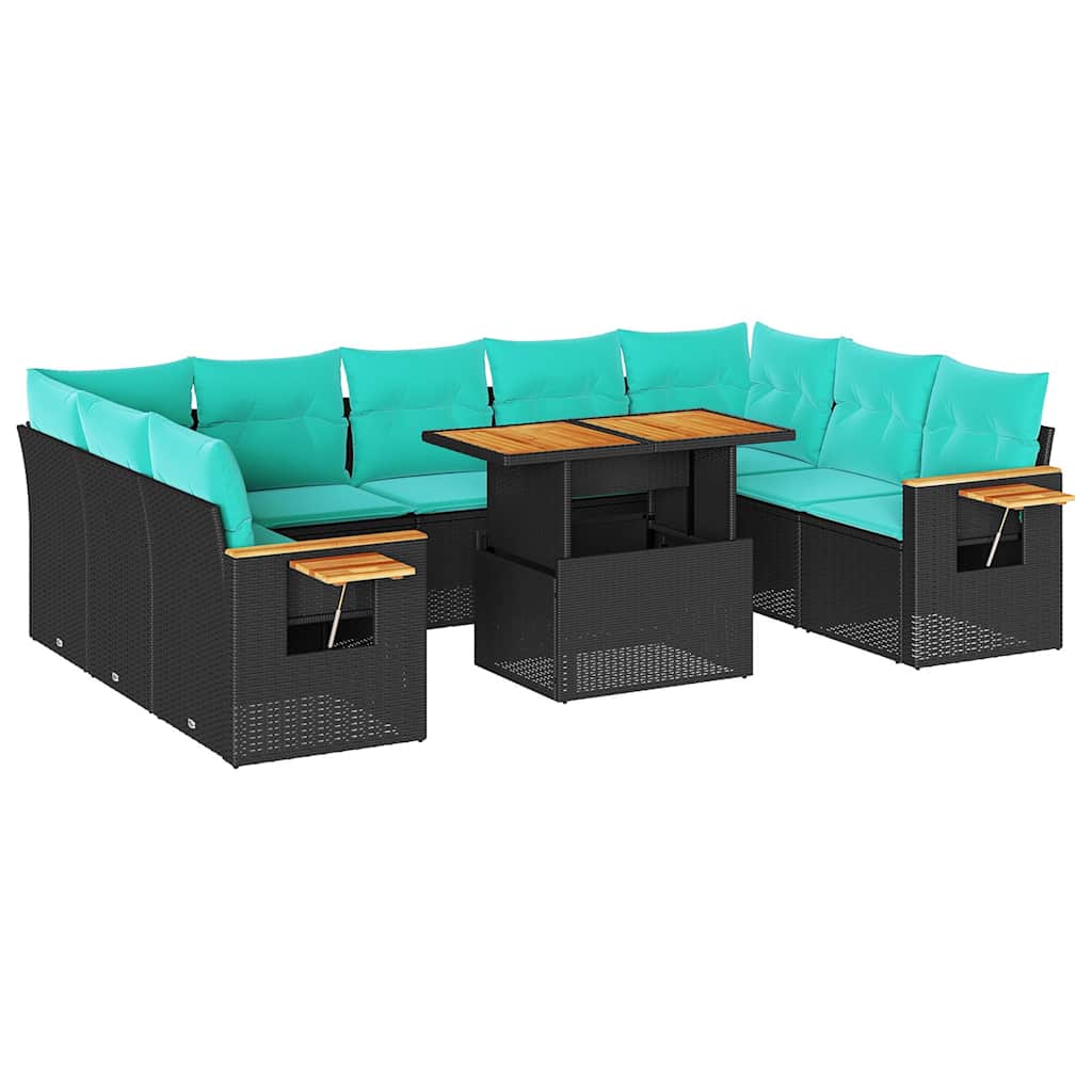 Set Divani Giardino 10pz con Cuscini Nero in Polyrattan Acacia