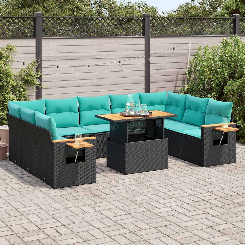 Set Divani Giardino 10pz con Cuscini Nero in Polyrattan Acacia