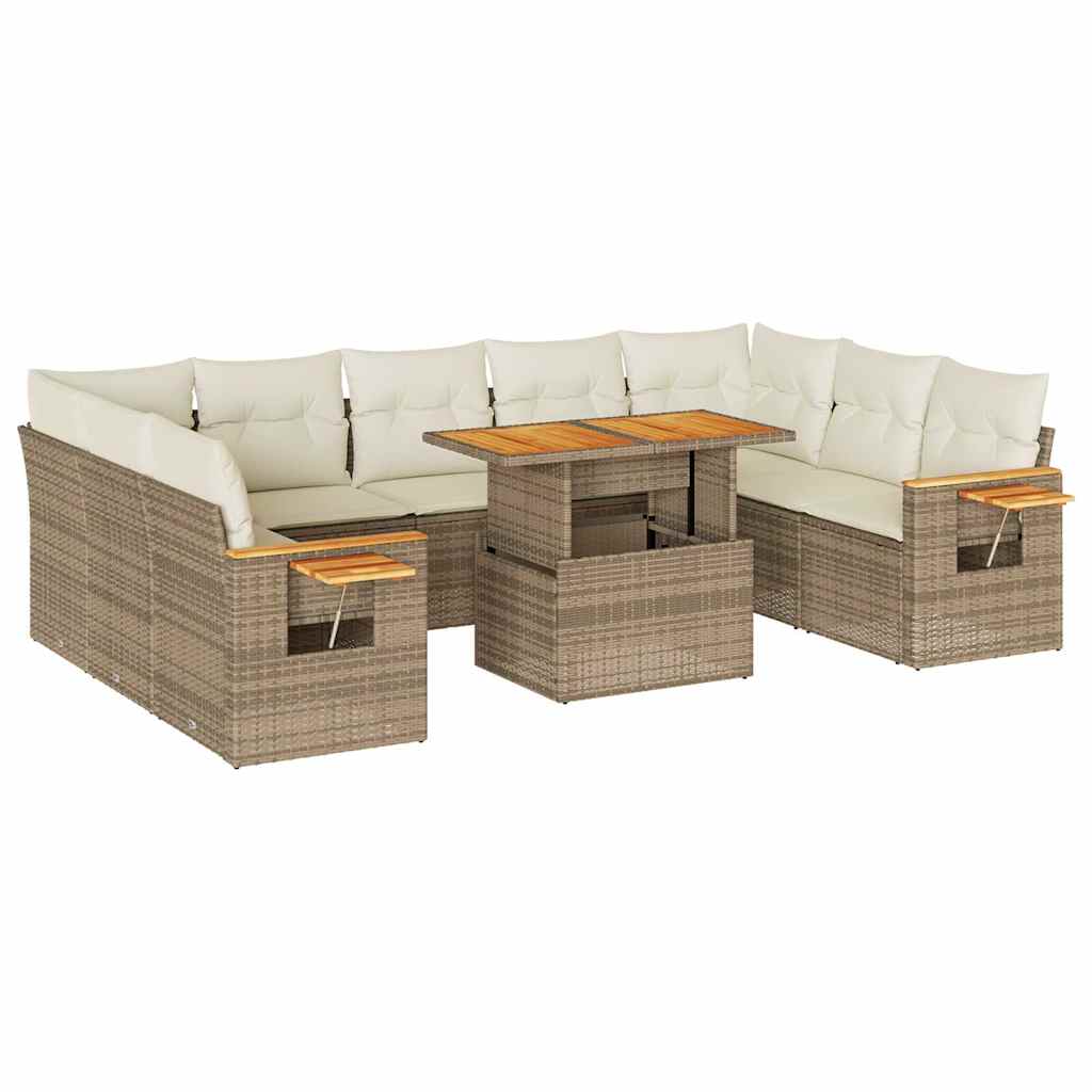 Divano da Giardino 10 pz con Cuscini Beige in Polyrattan Acacia