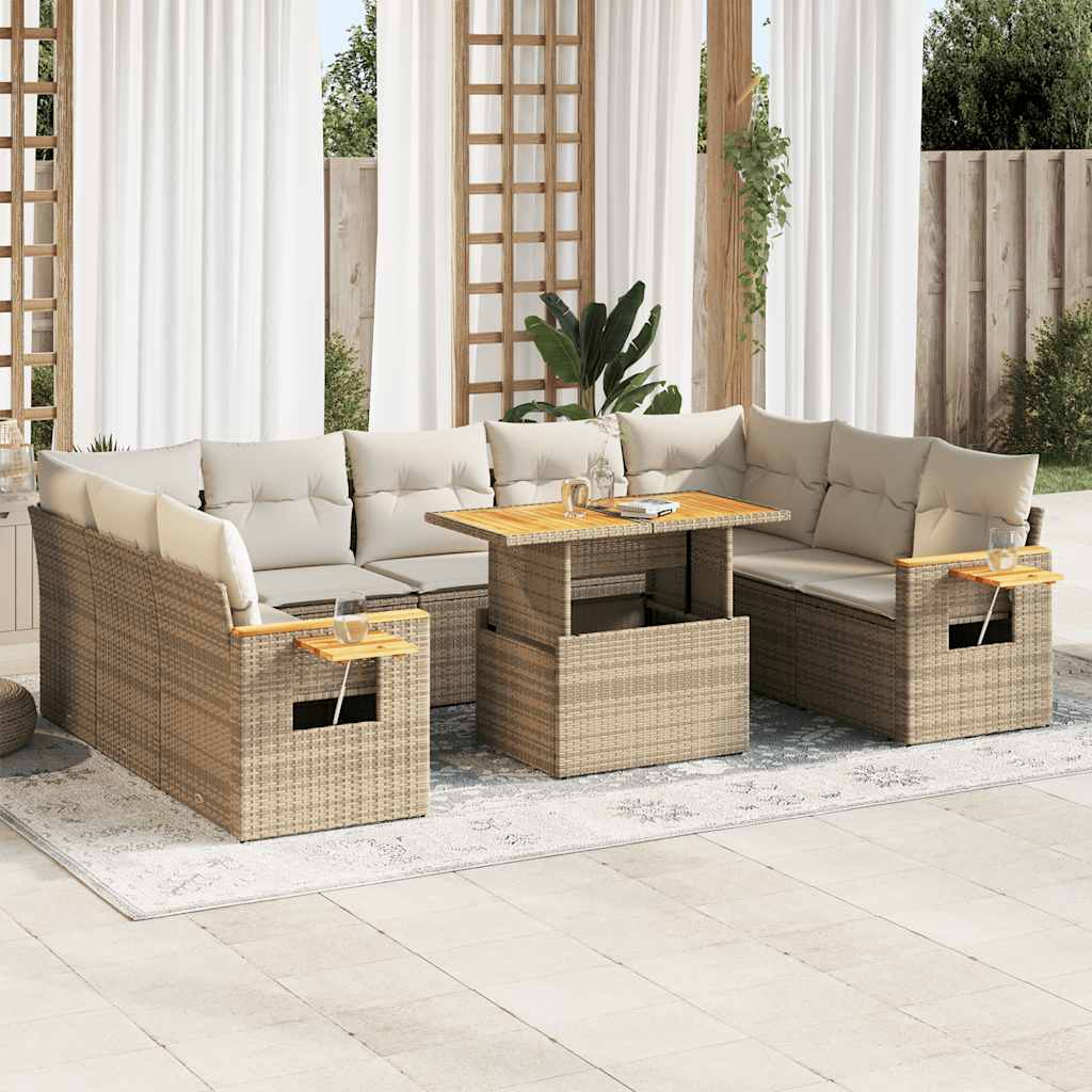 Divano da Giardino 10 pz con Cuscini Beige in Polyrattan Acacia