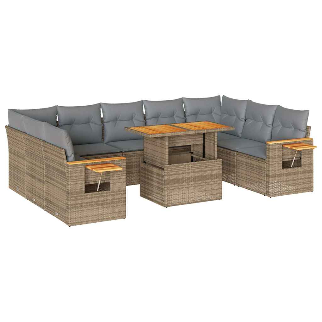 Divano da Giardino 10 pz con Cuscini Beige in Polyrattan Acacia
