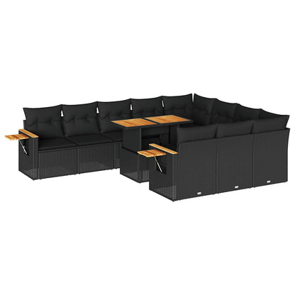 Set Divani da Giardino 11 pz con Cuscini Polyrattan Acacia Nero