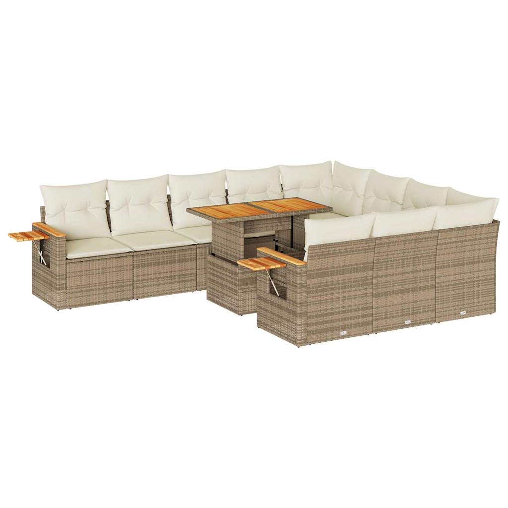 Set Divani da Giardino 11pz con Cuscini Beige Acacia Polyrattan