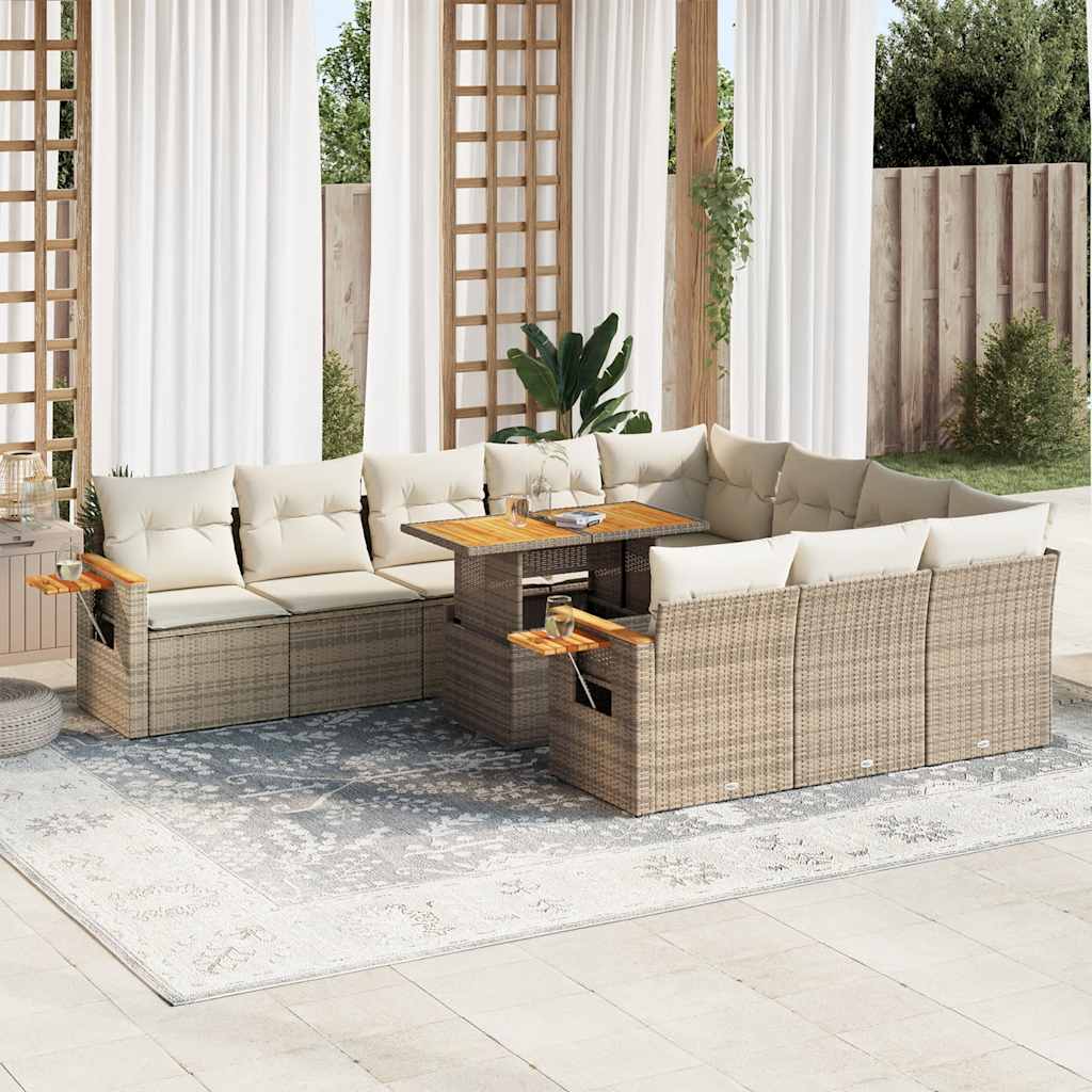 Set Divani da Giardino 11pz con Cuscini Beige Acacia Polyrattan