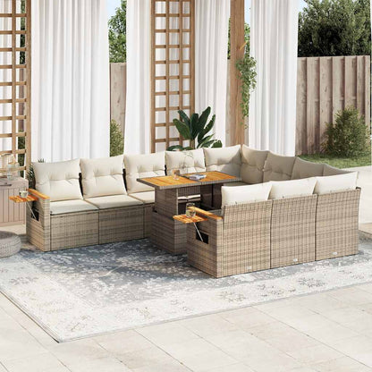 Set Divani da Giardino 11pz con Cuscini Beige Acacia Polyrattan