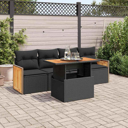 Set Divani da Giardino 5 pz con Cuscini Nero Polyrattan Acacia