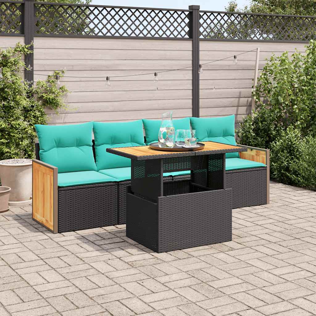 Set Divani da Giardino 5 pz con Cuscini Nero Polyrattan Acacia