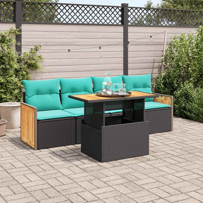 Set Divani da Giardino 5 pz con Cuscini Nero Polyrattan Acacia