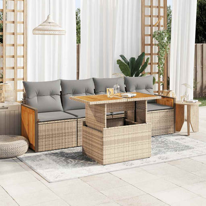 Set Divano da Giardino 5 pz con Cuscini Beige Polyrattan Acacia