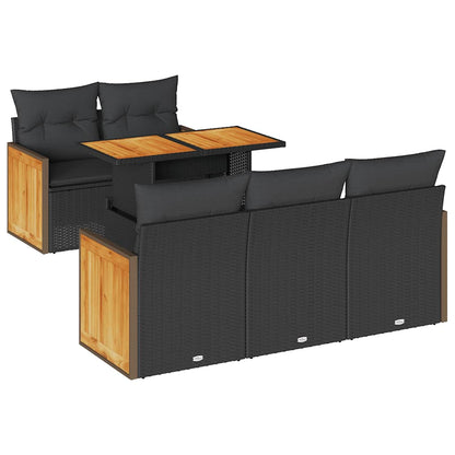 Set Divano da Giardino 6 pz con Cuscini Nero Polyrattan Acacia