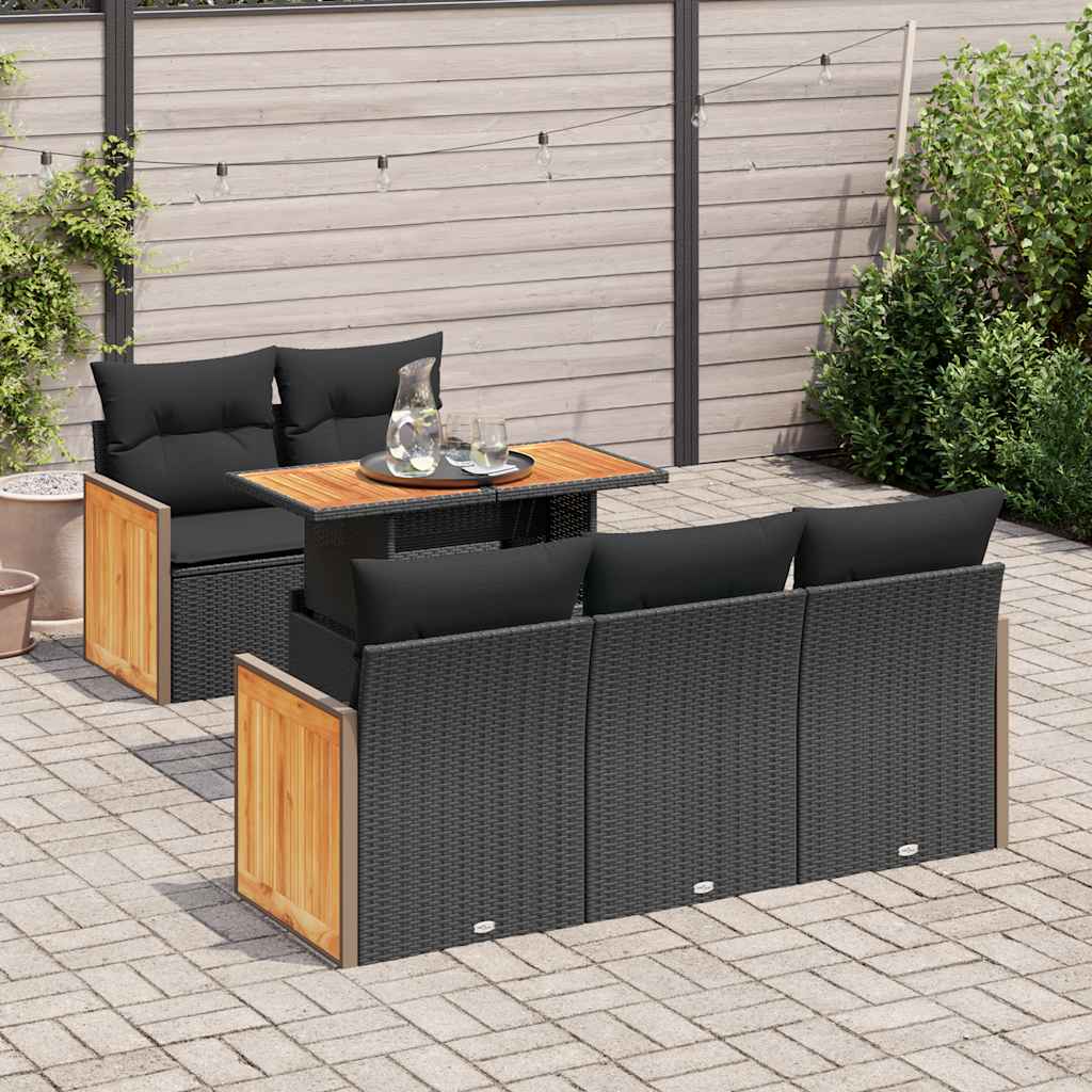 Set Divano da Giardino 6 pz con Cuscini Nero Polyrattan Acacia