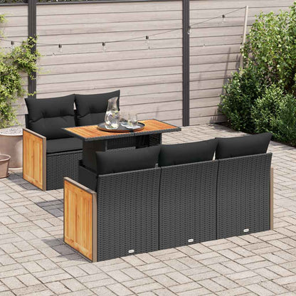 Set Divano da Giardino 6 pz con Cuscini Nero Polyrattan Acacia