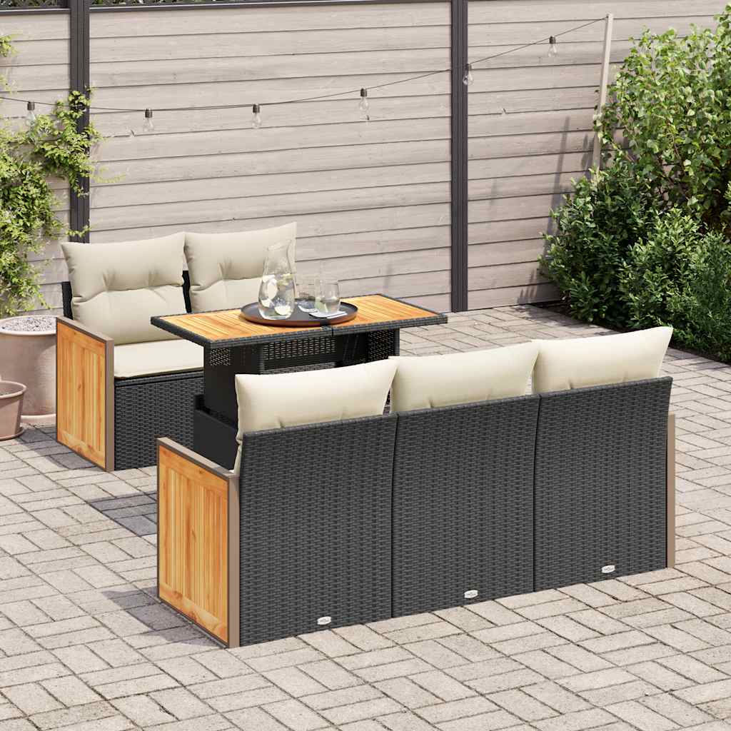 Set Divano da Giardino 6 pz con Cuscini Nero Polyrattan Acacia