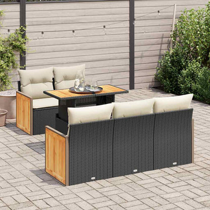 Set Divano da Giardino 6 pz con Cuscini Nero Polyrattan Acacia