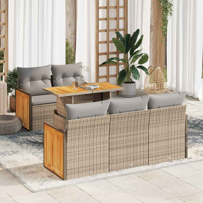 Set Divano da Giardino 6 pz con Cuscini Beige Polyrattan Acacia