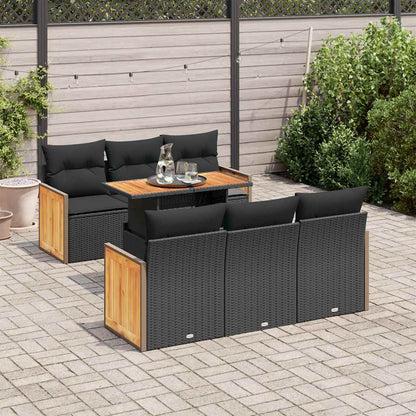 Set Divani da Giardino con Cuscini 7pz Nero Polyrattan Acacia
