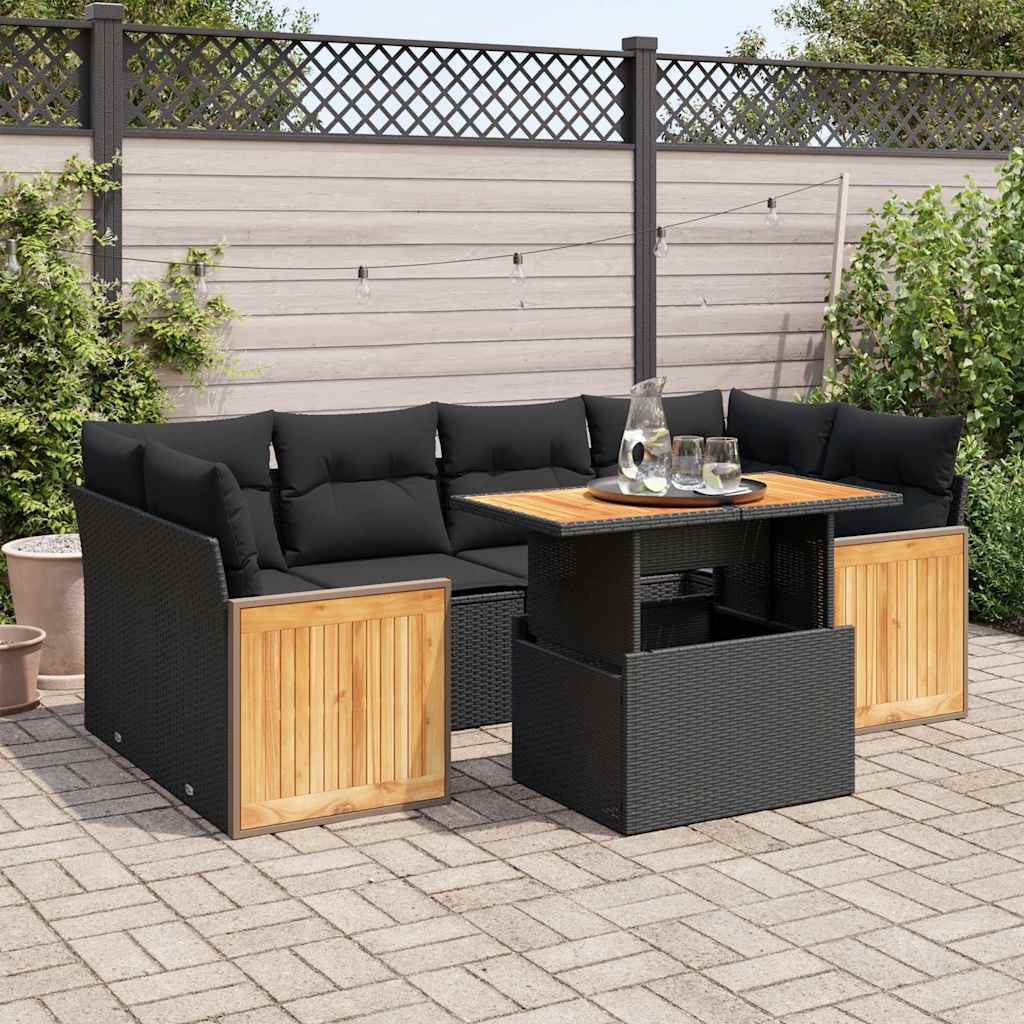Set Divani da Giardino con Cuscini 7pz Nero Polyrattan Acacia