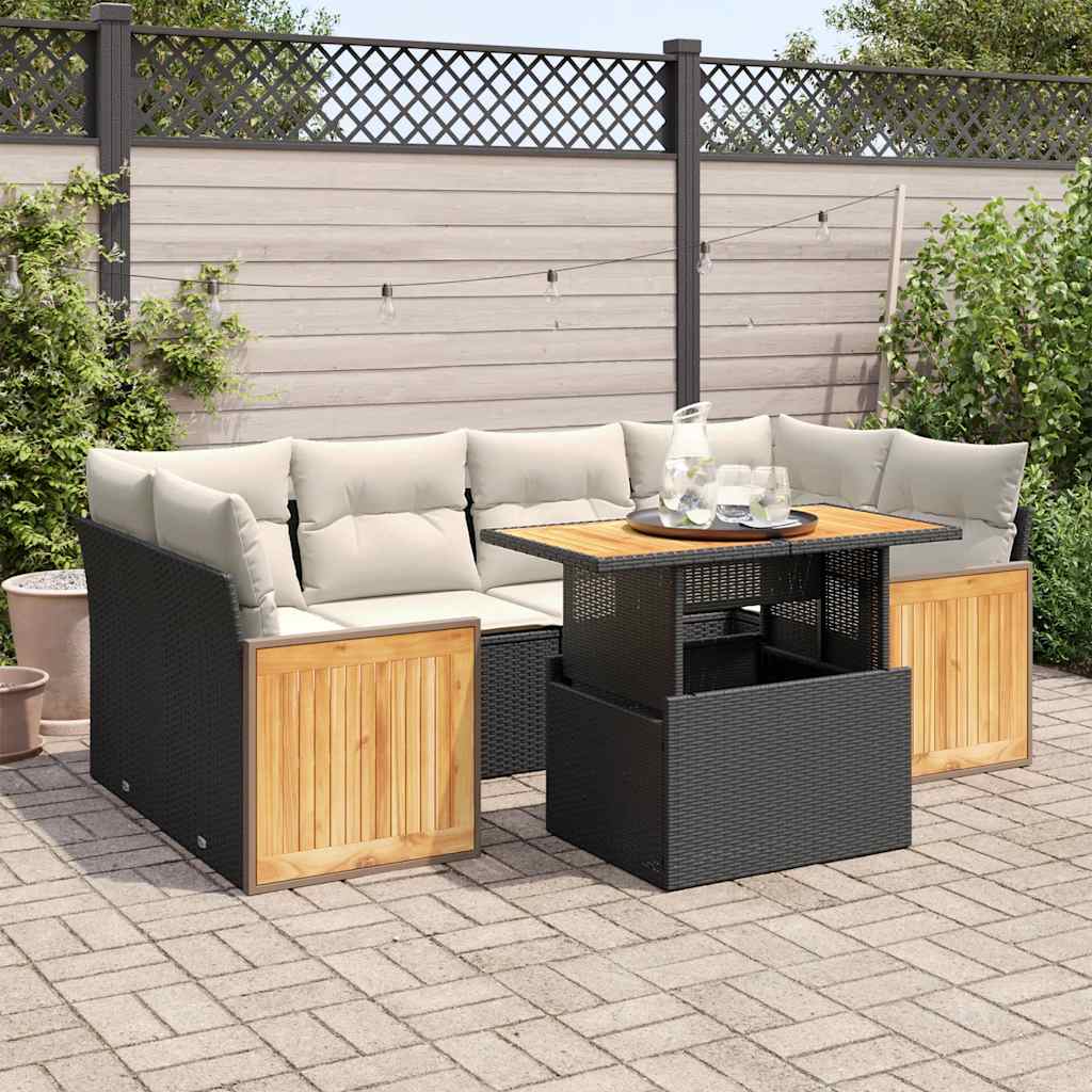 Set Divani da Giardino con Cuscini 7pz Nero Polyrattan Acacia