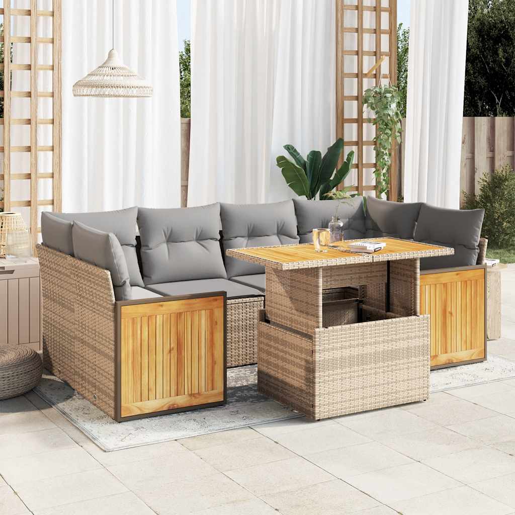 Set Divani da Giardino 7 pz con Cuscini Beige Polyrattan Acacia
