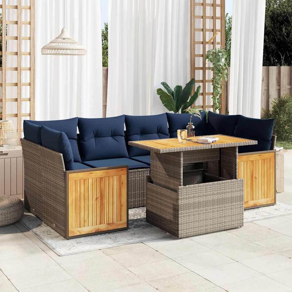 Set Divani da Giardino 7pz con Cuscini Grigio Polyrattan Acacia