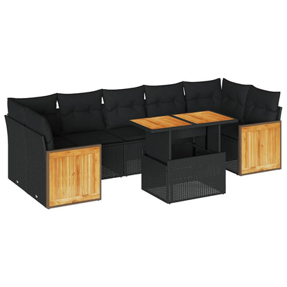 Set Divani da Giardino con Cuscini 8 pz Nero Polyrattan Acacia