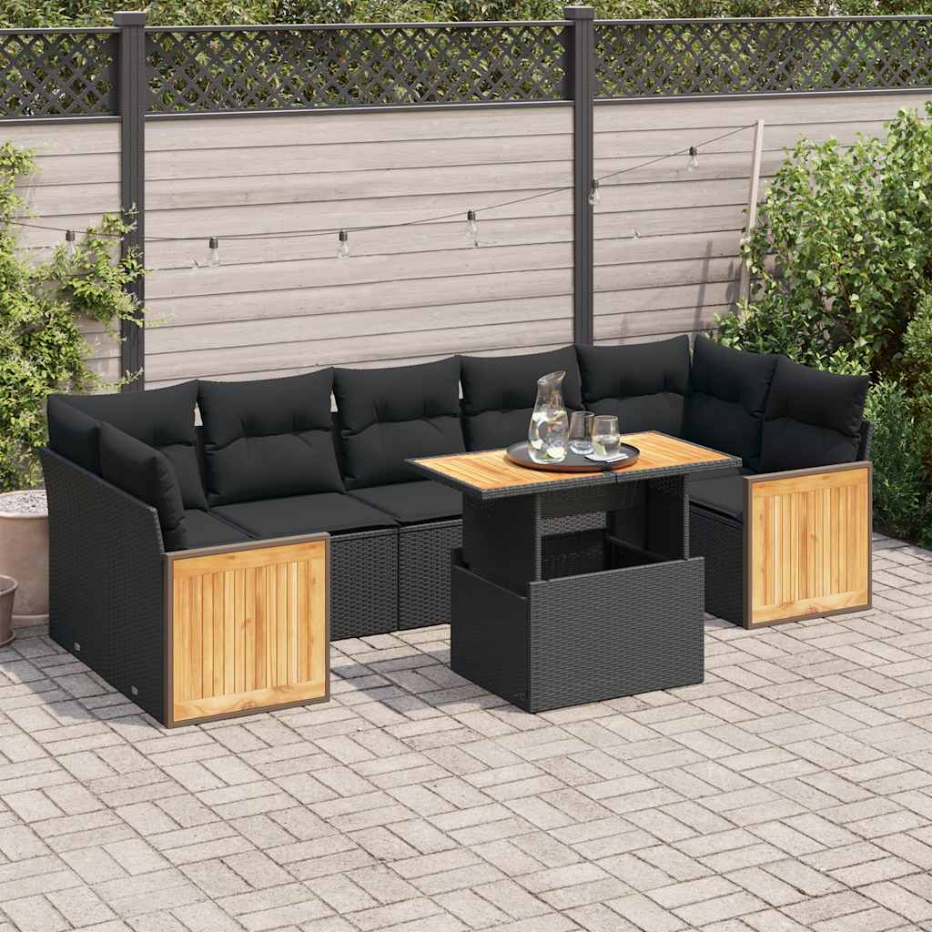 Set Divani da Giardino con Cuscini 8 pz Nero Polyrattan Acacia