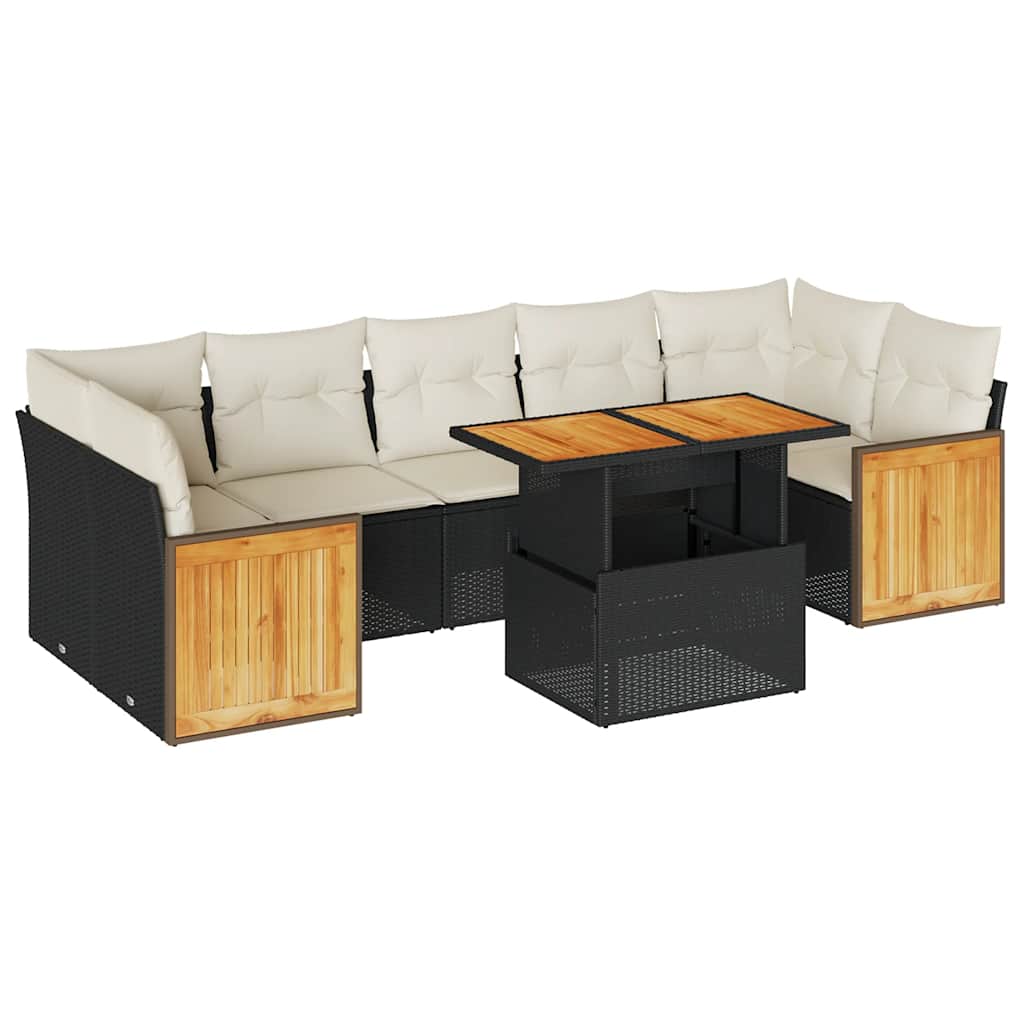 Set Divani da Giardino con Cuscini 8 pz Nero Polyrattan Acacia