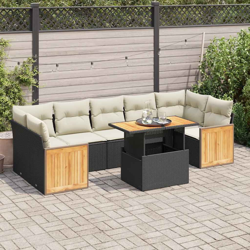 Set Divani da Giardino con Cuscini 8 pz Nero Polyrattan Acacia