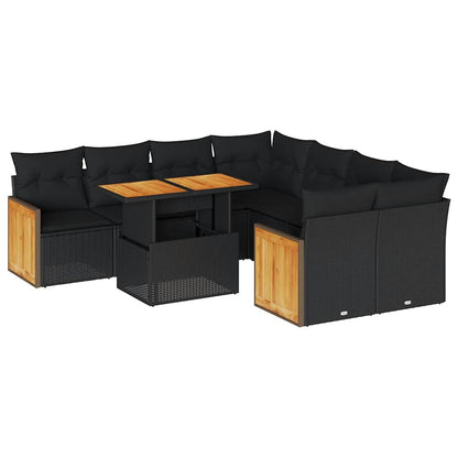 Set Divani da Giardino 9 pz con Cuscini Nero Polyrattan Acacia