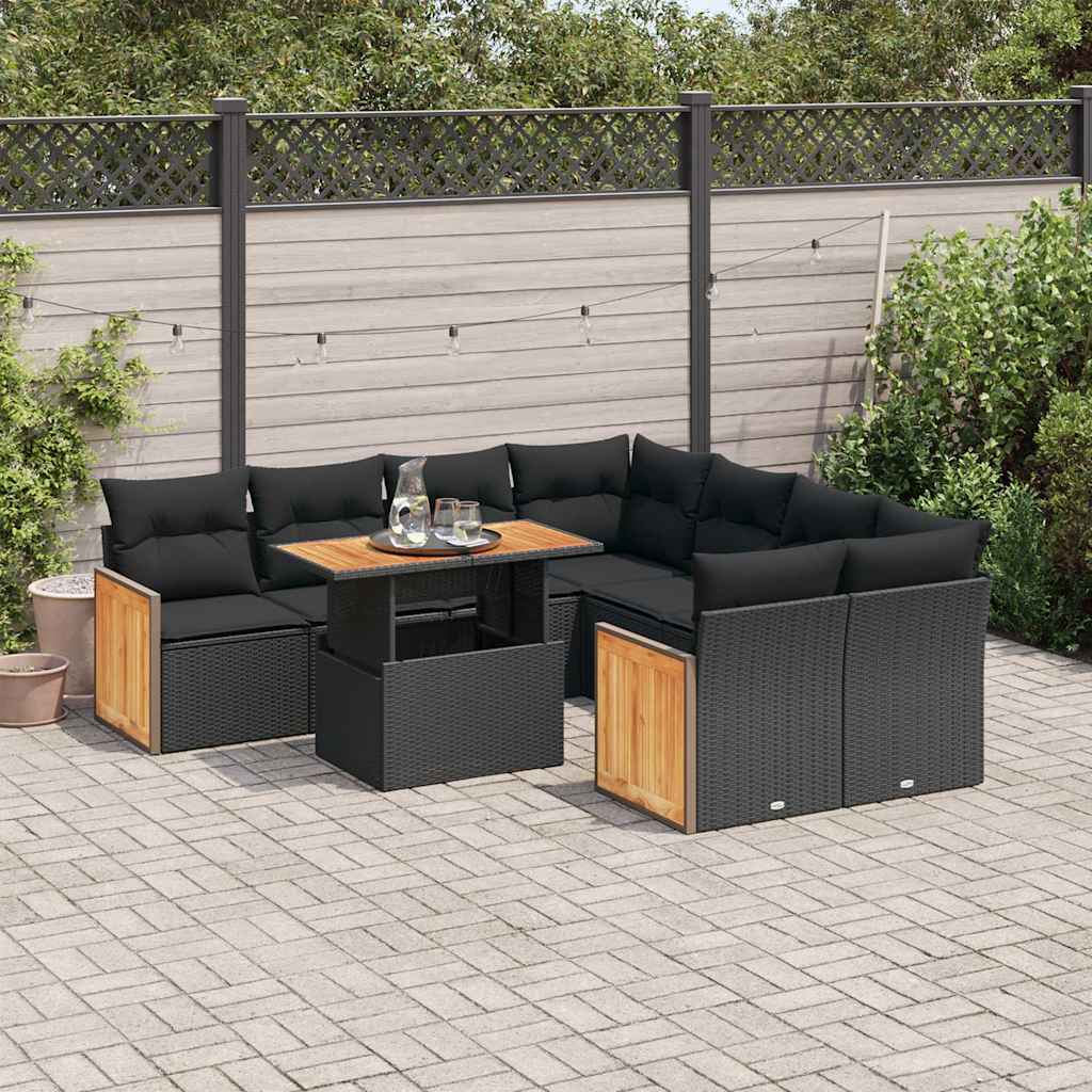 Set Divani da Giardino 9 pz con Cuscini Nero Polyrattan Acacia