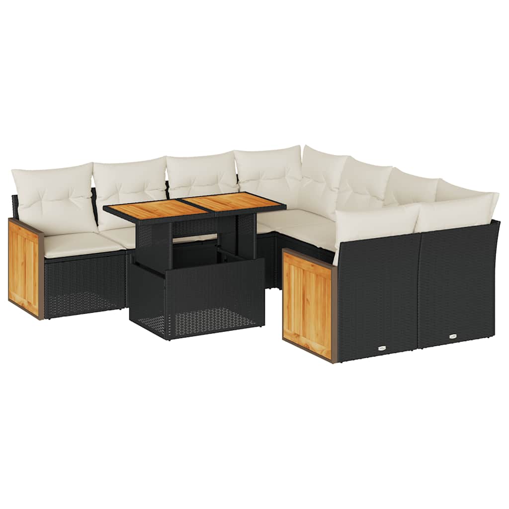 Set Divani da Giardino 9 pz con Cuscini Nero Polyrattan Acacia