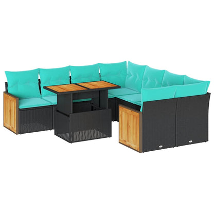 Set Divani da Giardino 9 pz con Cuscini Nero Polyrattan Acacia
