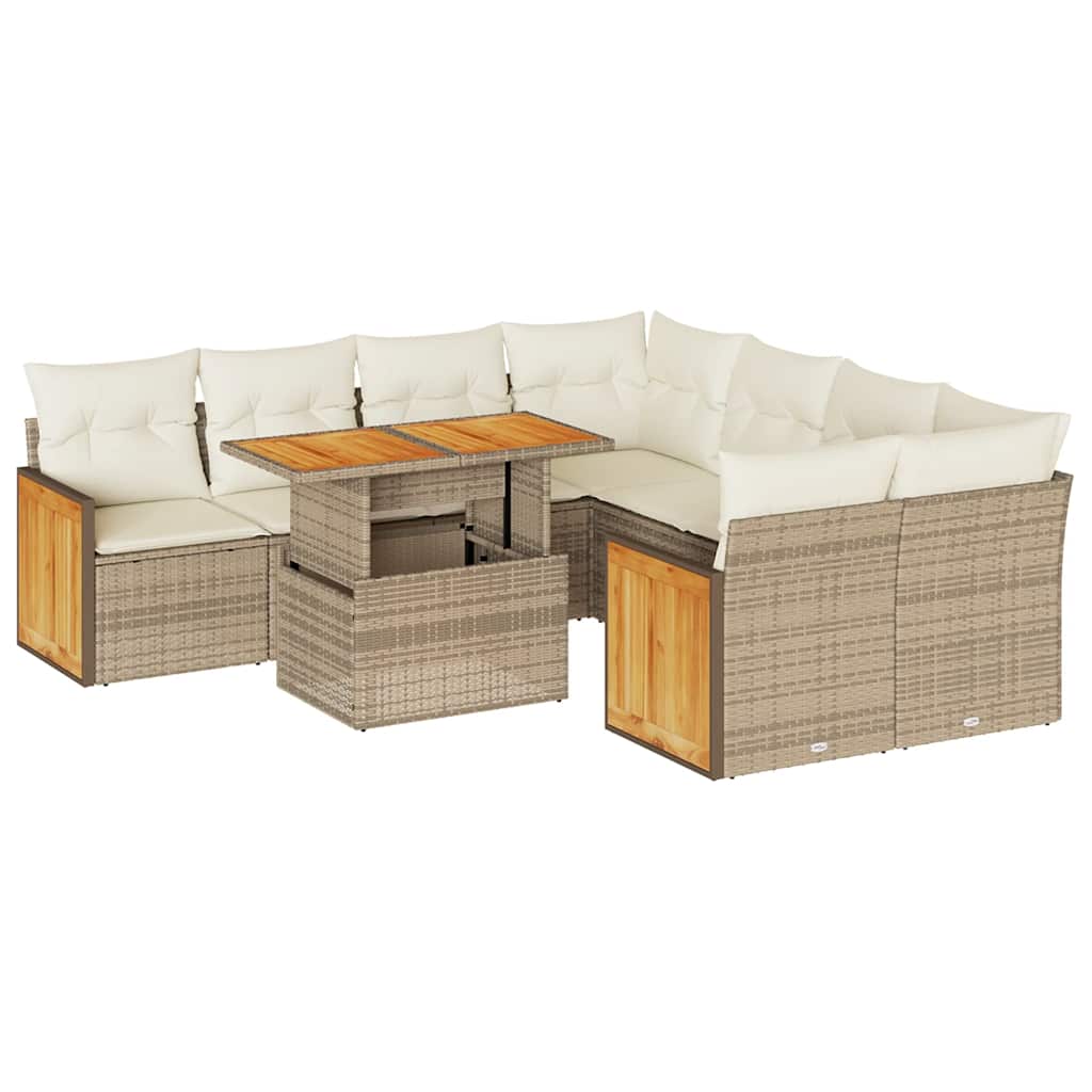 Set Divano da Giardino 9 pz con Cuscini Beige Polyrattan Acacia