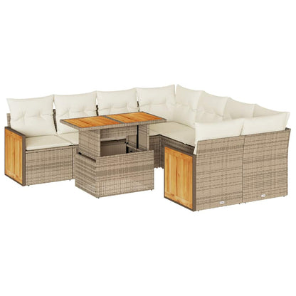 Set Divano da Giardino 9 pz con Cuscini Beige Polyrattan Acacia