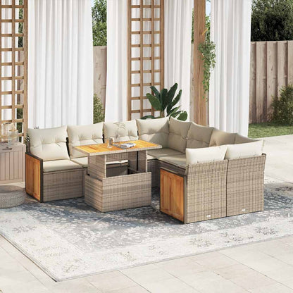 Set Divano da Giardino 9 pz con Cuscini Beige Polyrattan Acacia