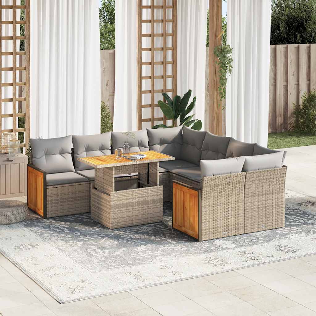 Set Divano da Giardino 9 pz con Cuscini Beige Polyrattan Acacia