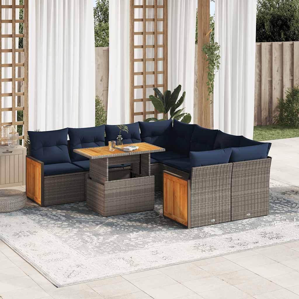 Set Divano da Giardino 9pz con Cuscini Grigio Polyrattan Acacia