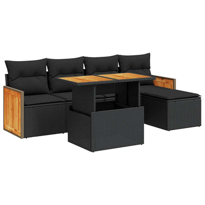 Set Divano da Giardino 6 pz con Cuscini Nero Polyrattan Acacia
