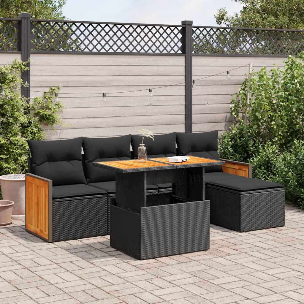 Set Divano da Giardino 6 pz con Cuscini Nero Polyrattan Acacia