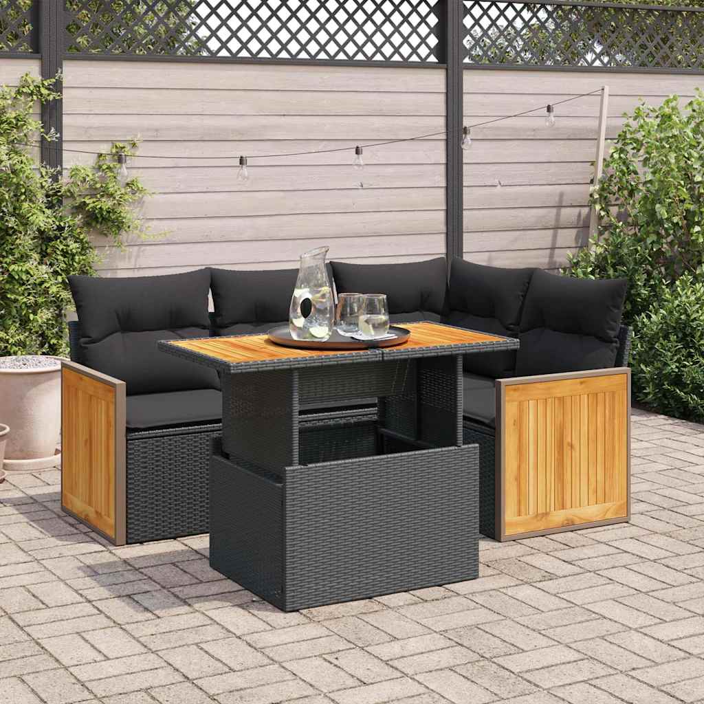 Set Divani da Giardino 5 pz con Cuscini Nero Polyrattan Acacia