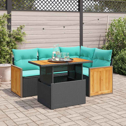 Set Divani da Giardino 5 pz con Cuscini Nero Polyrattan Acacia