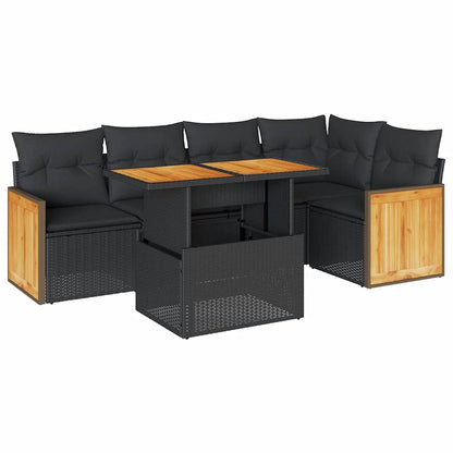 Set Divano da Giardino 6 pz con Cuscini Nero Polyrattan Acacia