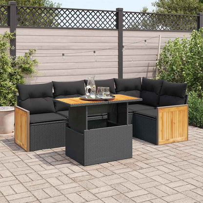 Set Divano da Giardino 6 pz con Cuscini Nero Polyrattan Acacia
