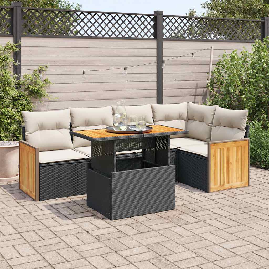 Set Divano da Giardino 6 pz con Cuscini Nero Polyrattan Acacia
