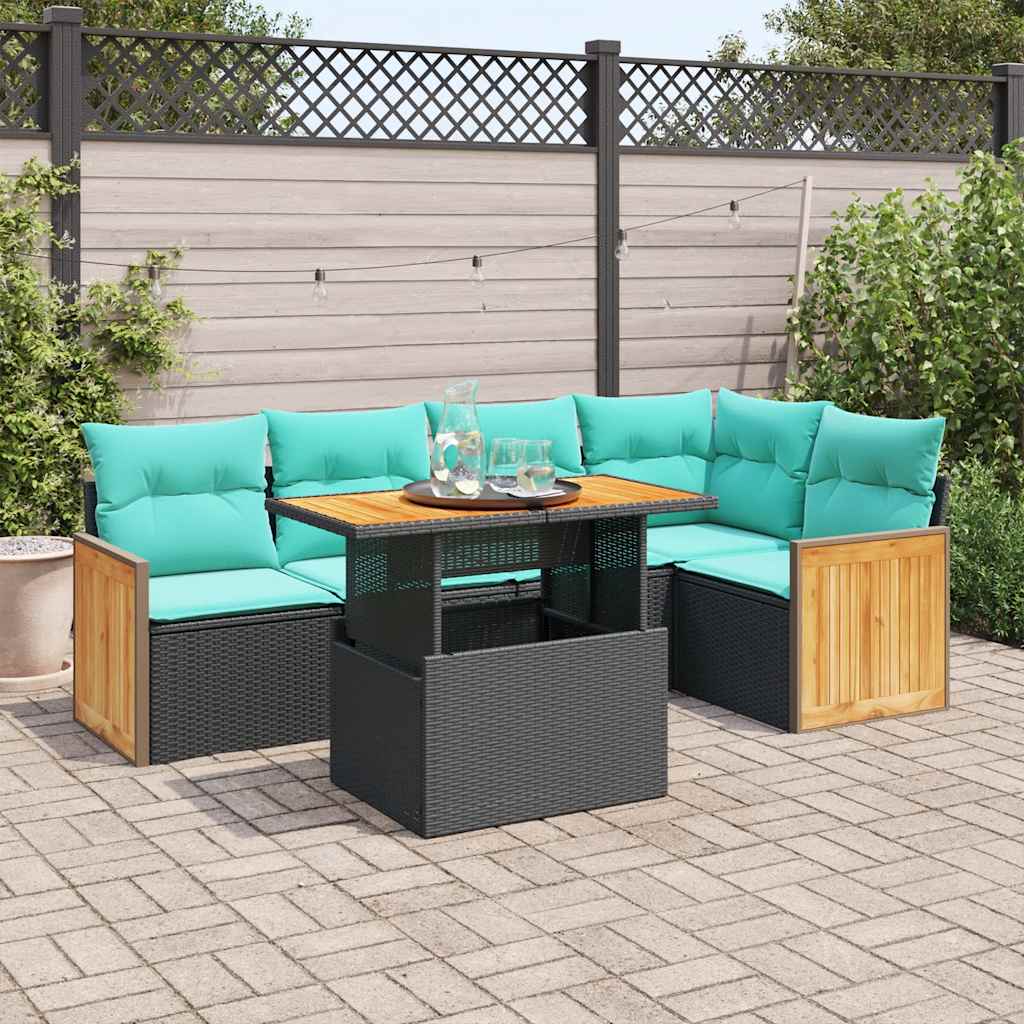 Set Divano da Giardino 6 pz con Cuscini Nero Polyrattan Acacia