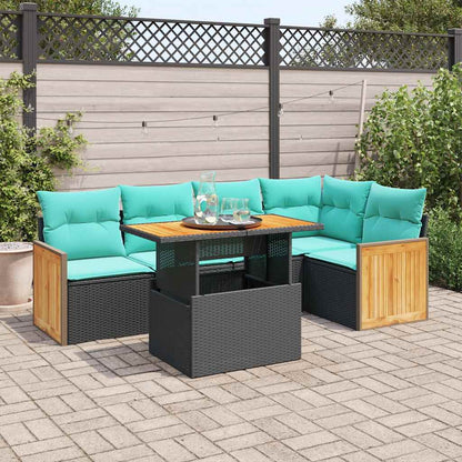 Set Divano da Giardino 6 pz con Cuscini Nero Polyrattan Acacia